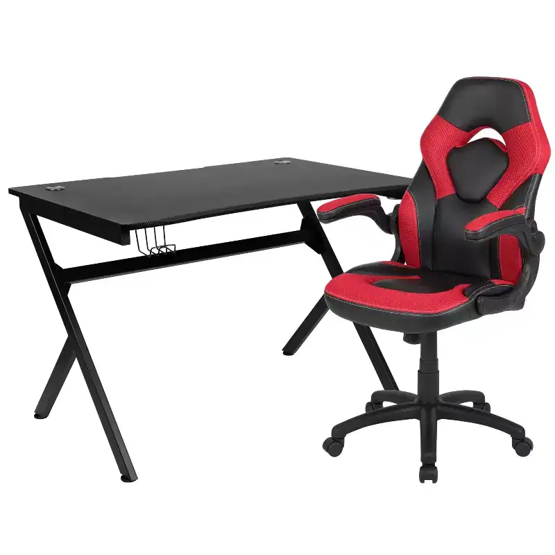 Flash Furniture Gaming Desk and Racing Chair Set with Cup Holder, Headphone Hook & 2 Wire Management Holes