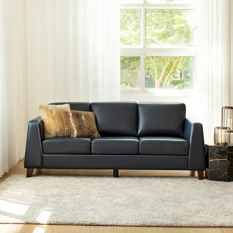 Rita 81.5 Genuine Leather Tuxedo Arm Sofa Couch With Solid Wood Legs By HULALA HOME