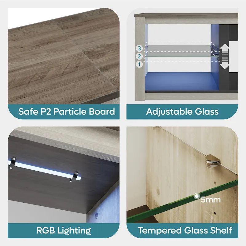 70-Inch LED TV Stand with Tempered Glass Shelves and Open Cabinet - 71 in