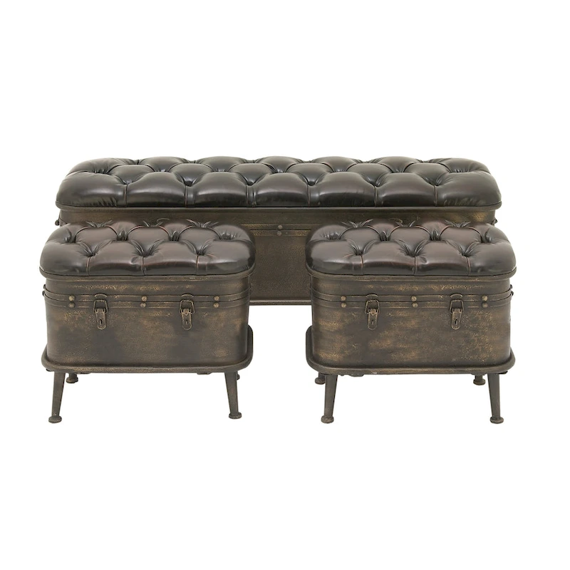 Metal Weathered Storage Bench with Black Tufted Faux Leather - Set of 3 Brown - Roche River Decor - 16W x 48L x 21H