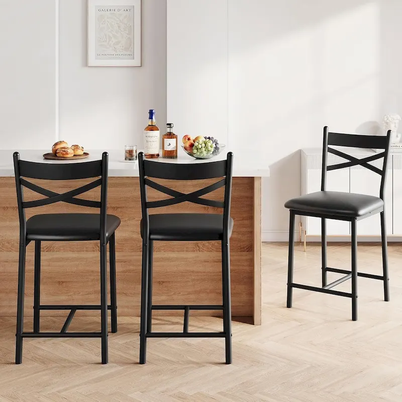 Upholstered Island Chairs, Black Bar Stools Set