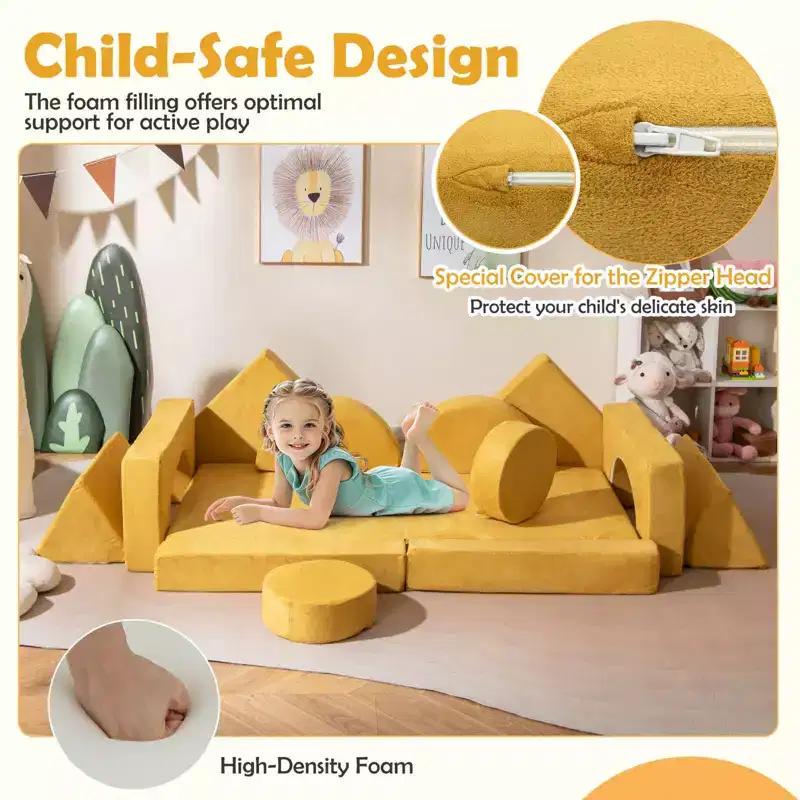 Costway 14 PCS Modular Kids Play Couch Child Sectional Sofa Toddler Soft Playset Blue/Gray/Yellow
