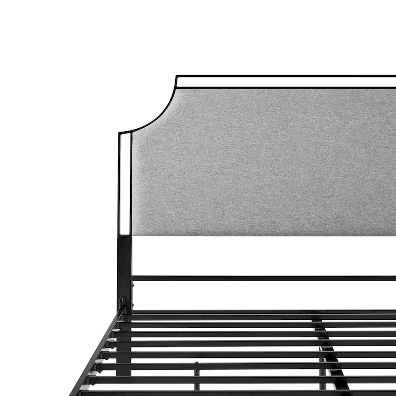 Queen Upholstered Curved Metal Bed Frame with Removable Headboard Insert – Grey / Tan, for 1–2 People
