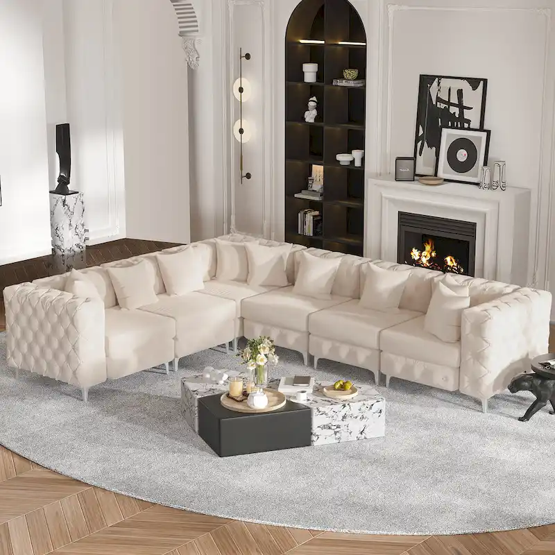 Large L-Shaped Modular Sofa, 6-Seat Velvet Sectional Couch
