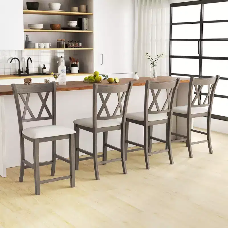 2PCS Bar Stools 24 Counter Height Stools w/ Linen Fabric Upholstered Seat Gray