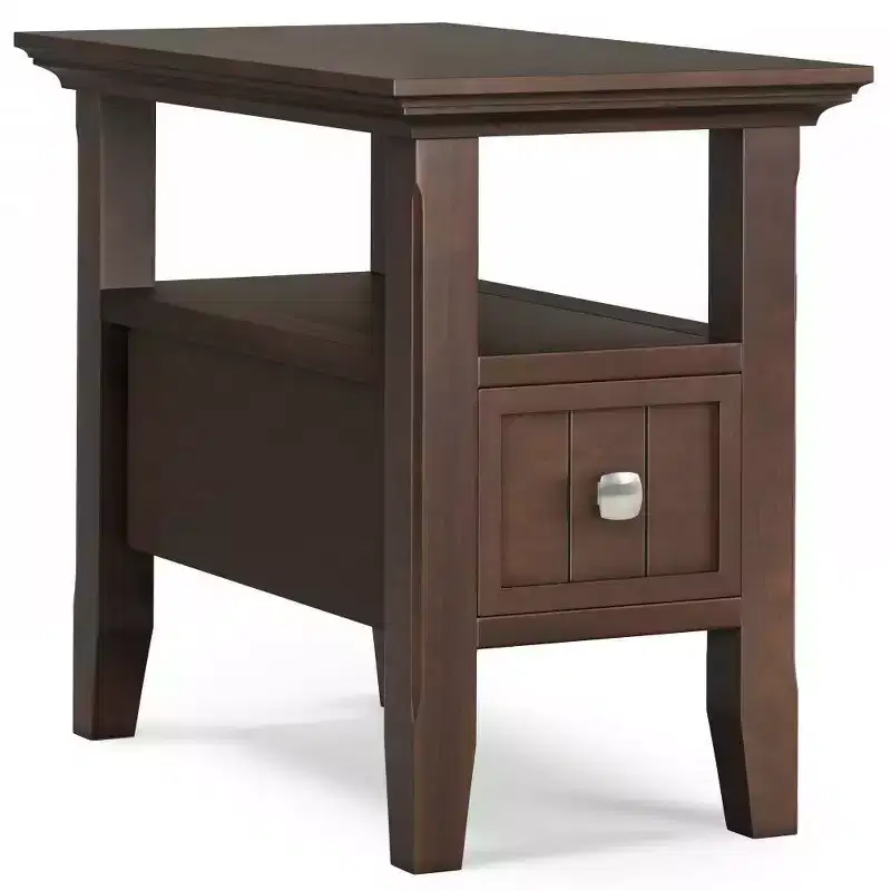 Brown Narrow Side Table with Drawer & Open Shelf, Pine Wood, 1-Piece