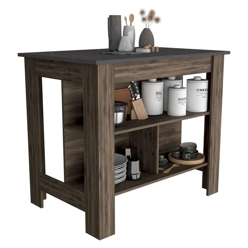 HomeRoots Dark Brown and Onyx Kitchen Island with Three Storage Shelves - 27.5 X 40.50 X 27.50
