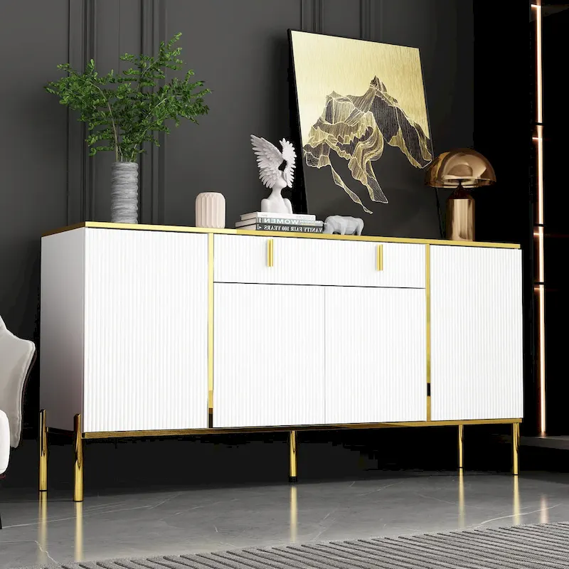 Modern Sideboard Storage Cabinet with Golden Metal Legs - Buffet Credenza for Kitchen Dining Living Room - Particle Board
