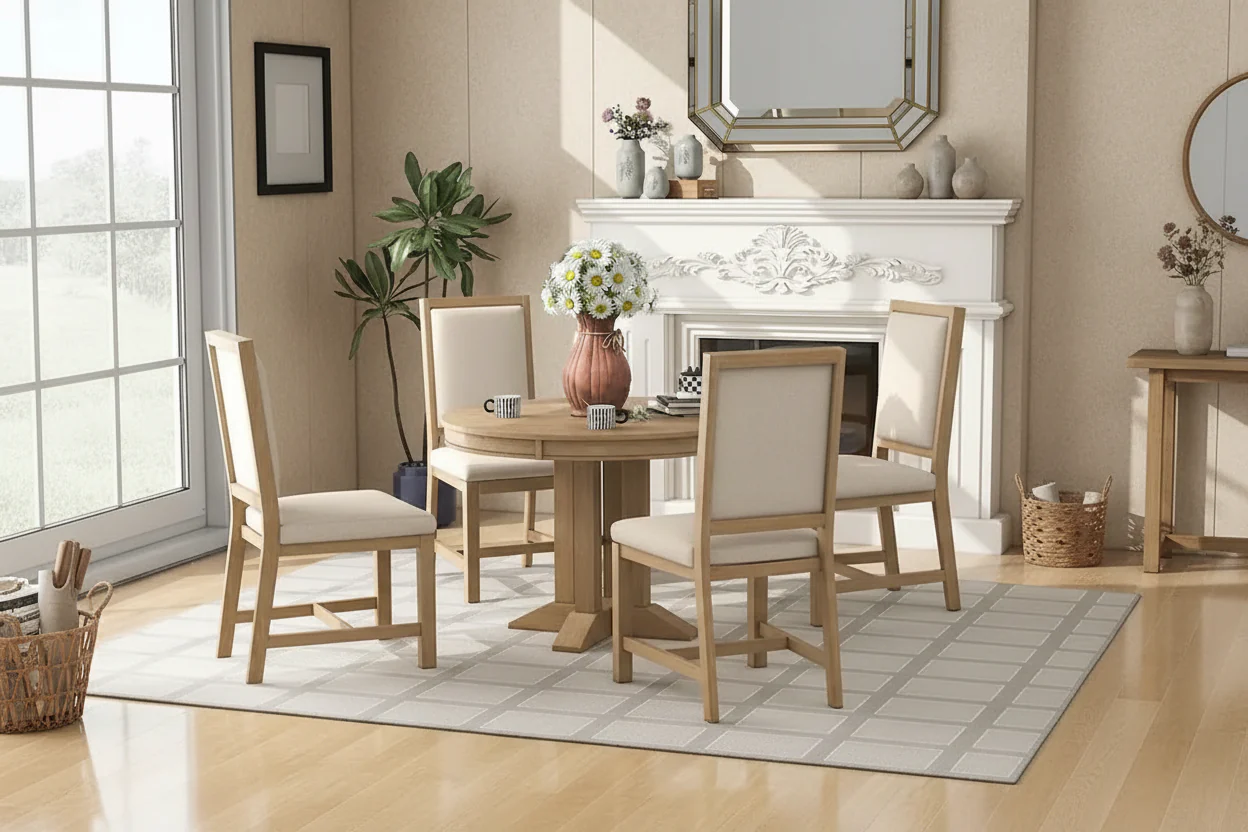 Farmhouse Retractable Round Table with 4 Upholstered Chairs