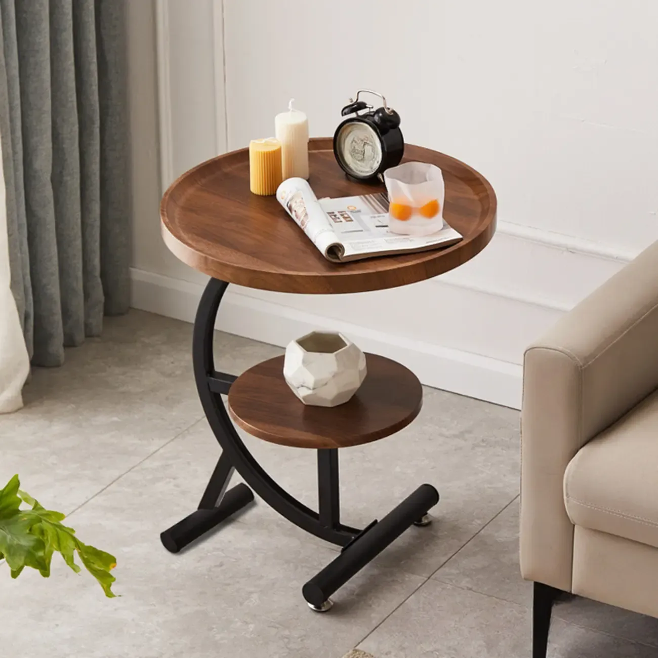 2-Tier C-Shaped Brown Wooden End Table with Storage