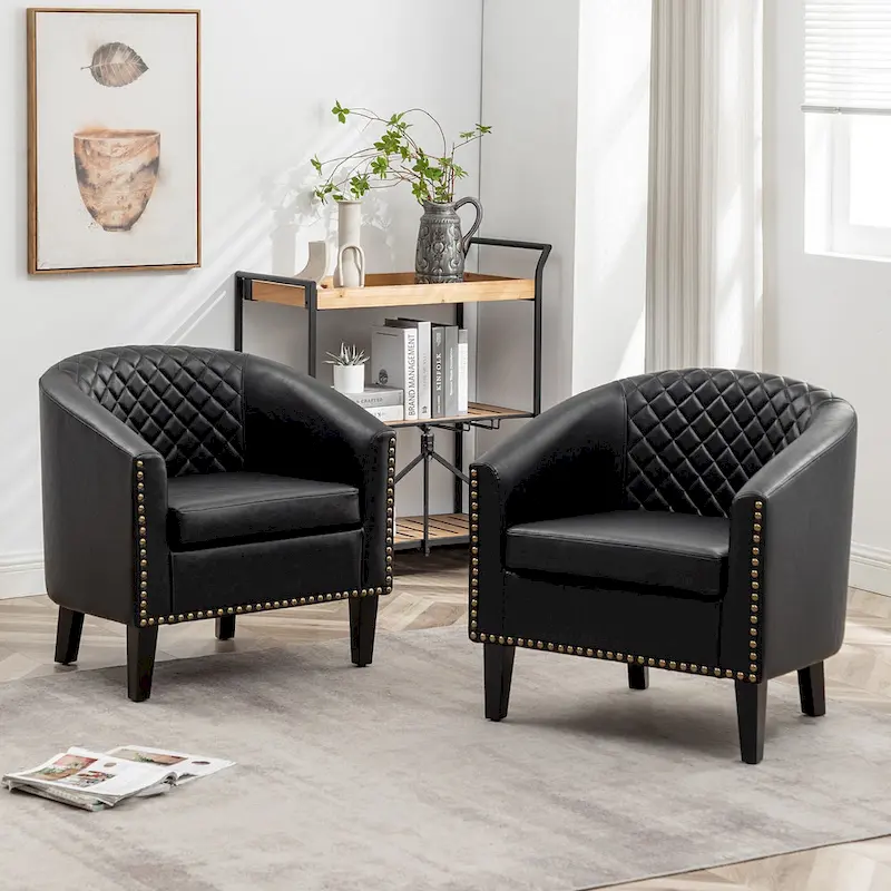 KINWELL 29 PU Faux Leather Club Armchair with Nailheads, Set of 2