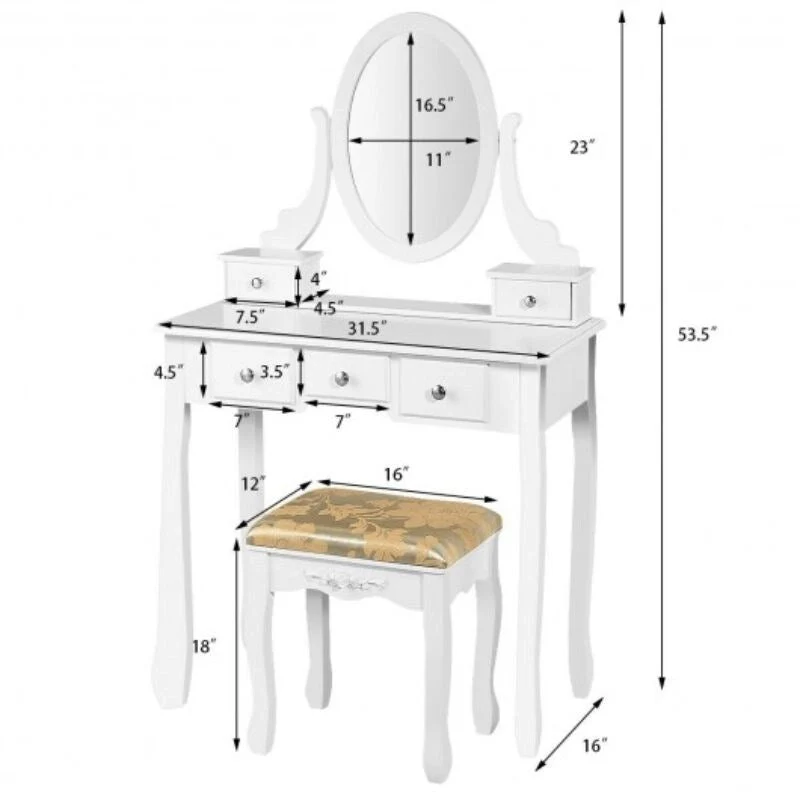 Vanity Make Up Table Set Dressing Table Set with 5 Drawers - 31.5 x 16 x 53.5 ( L x W x H )