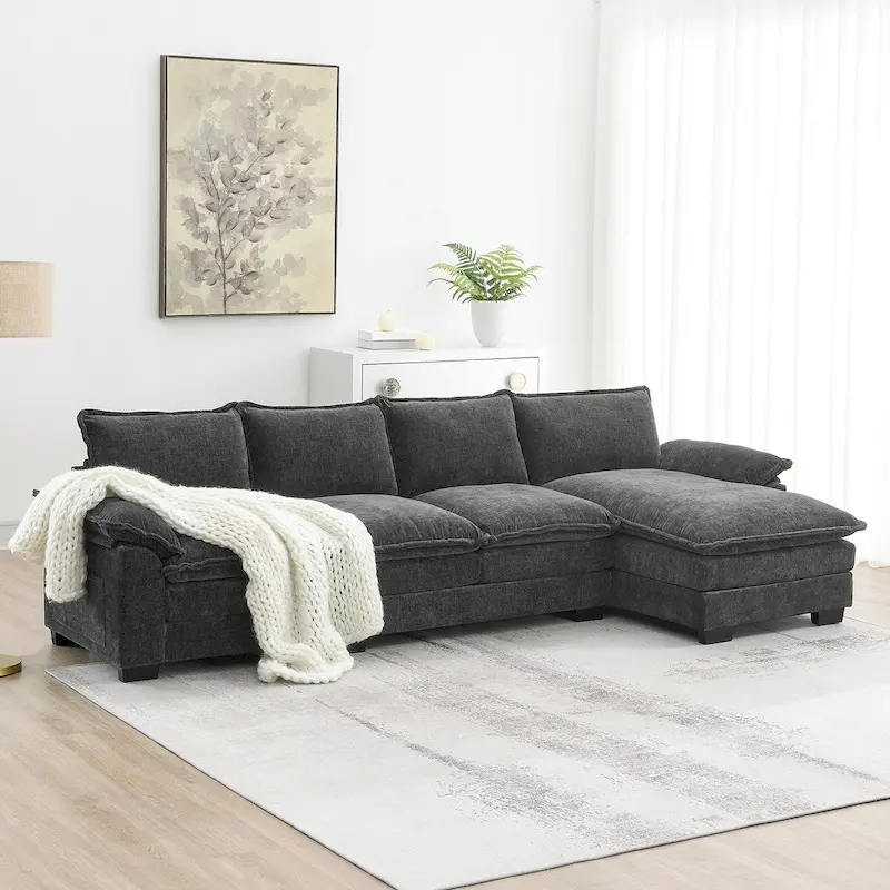 118*55 L-shaped Chenille Cloud Sofa with Double Seat Cushions, 5-seat Upholstered Sleeper Sofa Couch with Chaise Lounge