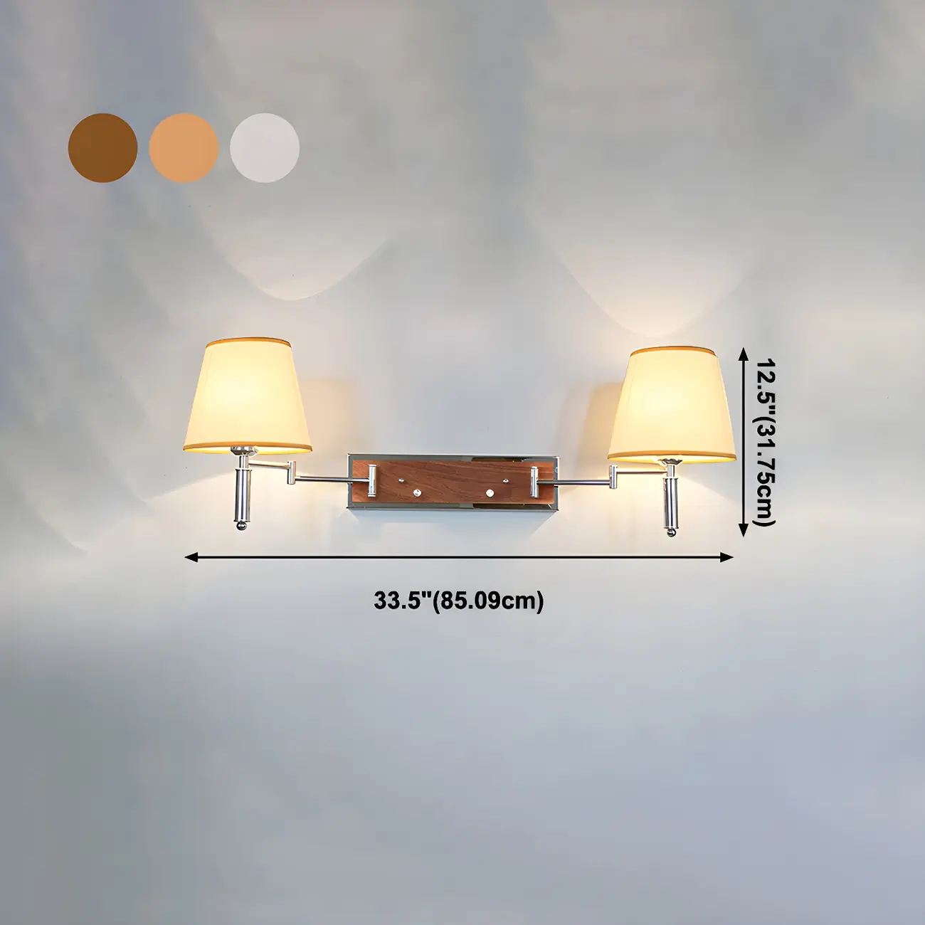 2-Light Silver Swing Arm Fabric Shade Wall Light