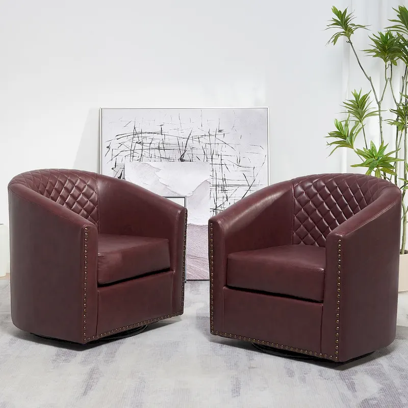 KINWELL 29 Wide Tufted PU Leather Swivel Barrel Chair (Set of 2)