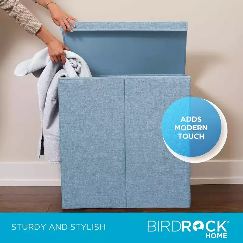 BirdRock Home Double Linen Laundry Hamper with Lid and Removable Liner - Light Blue