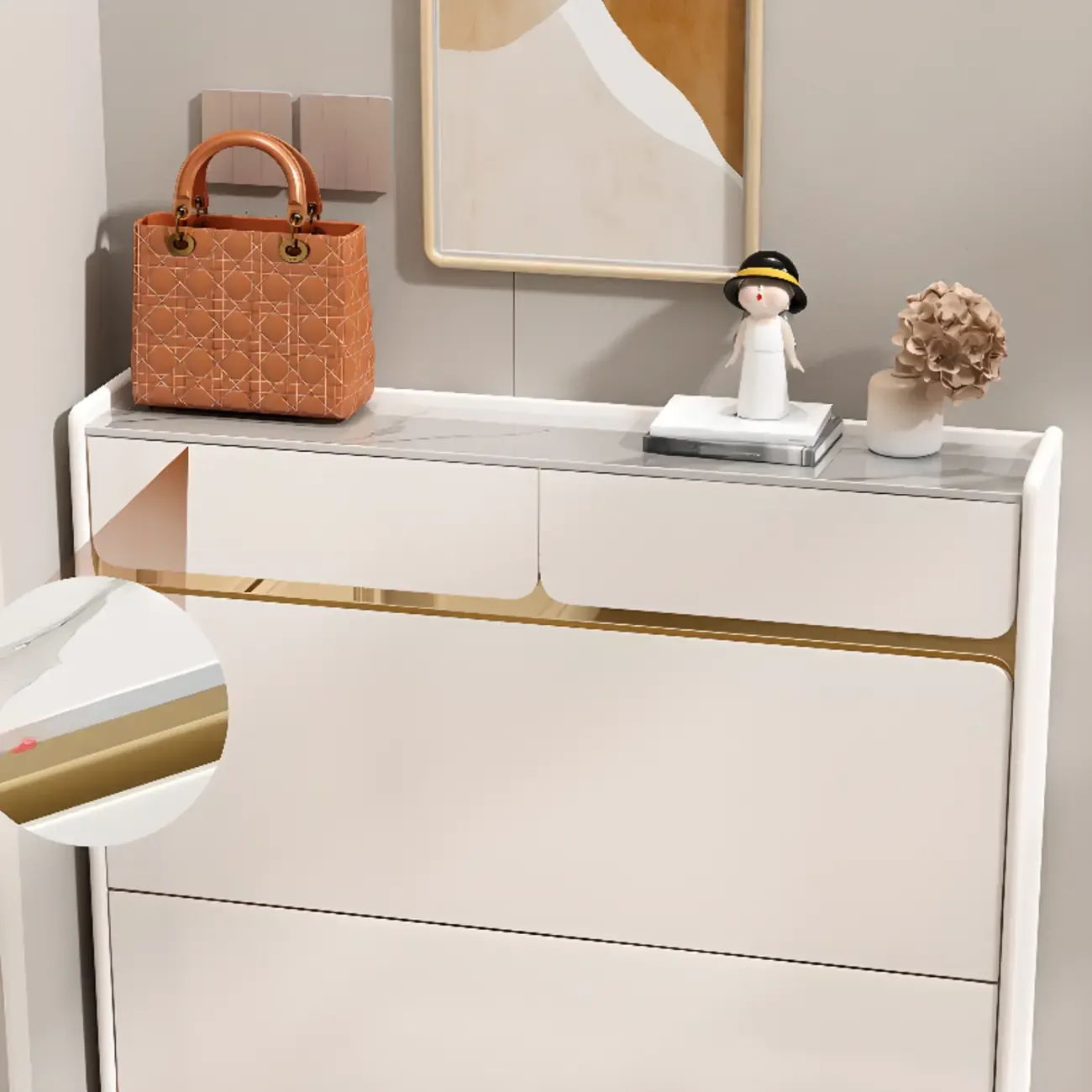 Entryway Glam White Wood Shoe Cabinet with Drawers