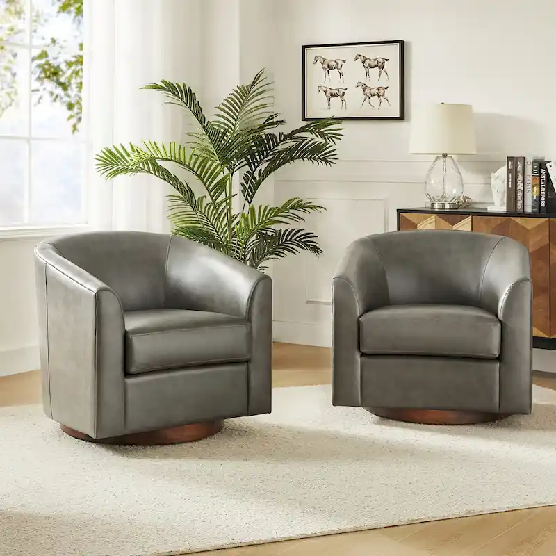 Haley Modern Swivel Barrel Faux Leather Chair with Solid Wood Base Set of 2 by HULALA HOME