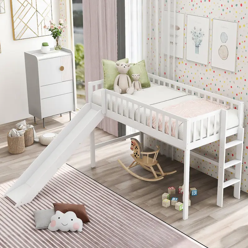 Pine Low Loft Bed with Slide