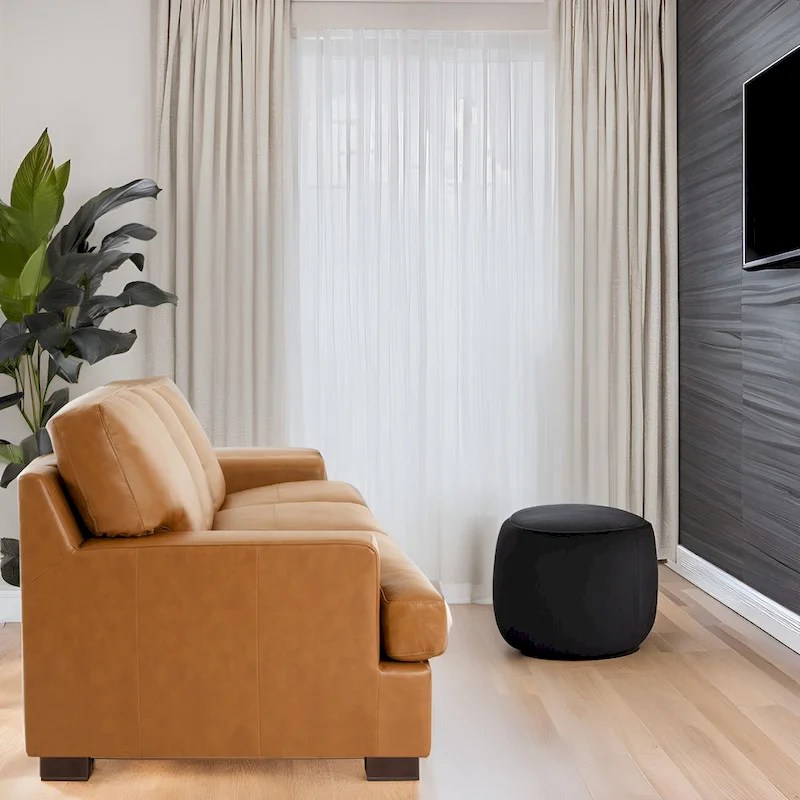 Genuine Leather Square Arm Sofa, Tan, Goose Feather Cushions, Block Legs, Seats 3