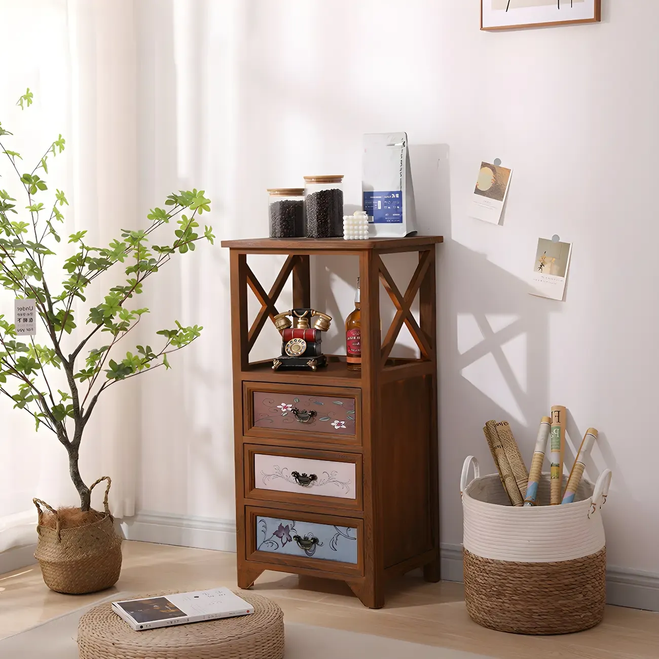 Industrial Rectangular Brown Wooden Drawer Cabinet