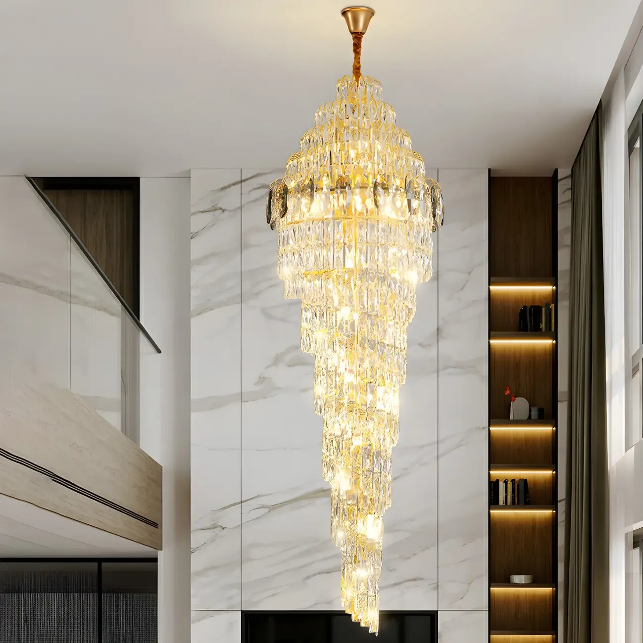 Luxury Gold Spiral Crystal Stairwell Chandelier Height Adjustable
