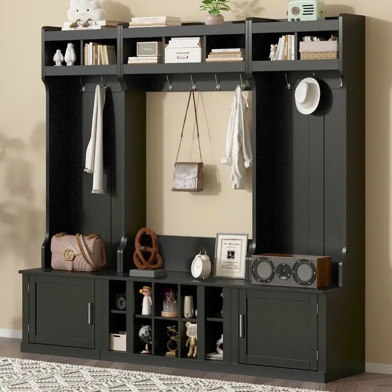 4-IN-1 Multi-functional Hall Tree Entryway Bench with Coat Rack and Shoe Cubbies
