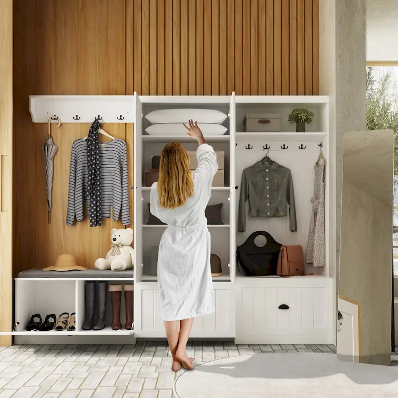 Combo Hall Tree Storage Bench Entryway Shelf Coat Rack Cloest Armoire