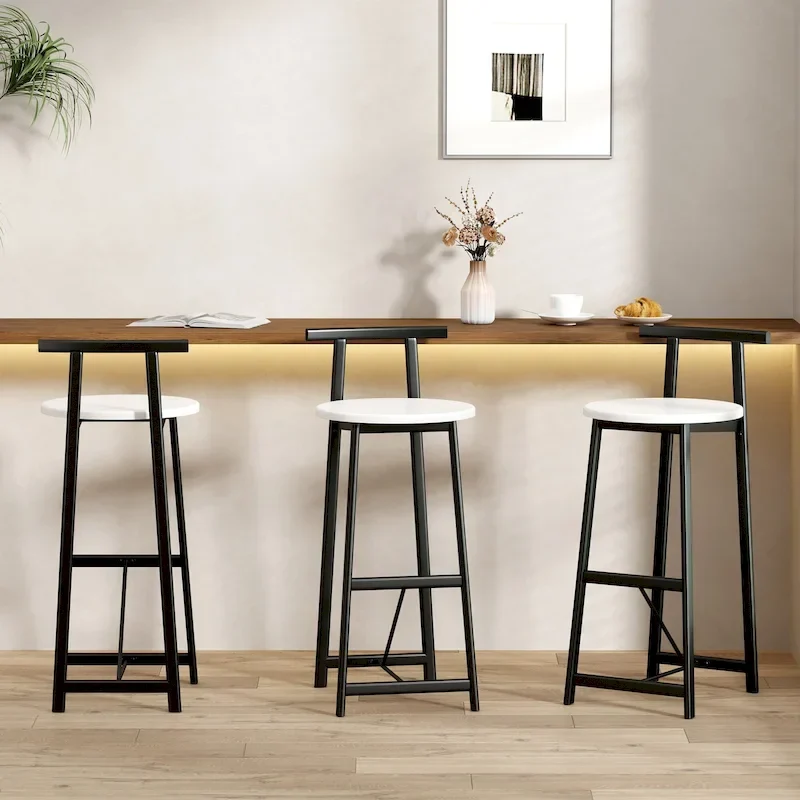 27H Barstool Set of 3 Wooden Round Bar Stools with Footrest, Easy Assembly, for Dining Room, Kitchen
