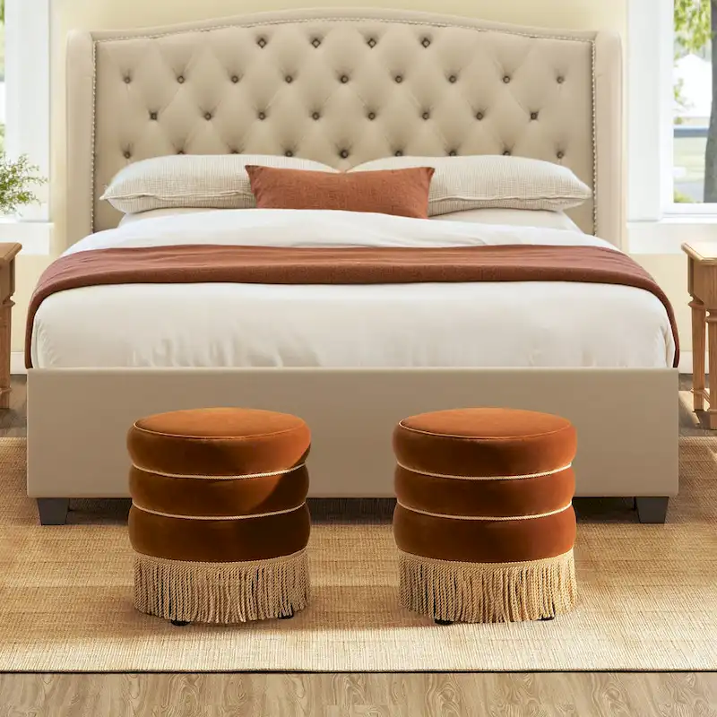 Edward 17.5 Round Upholstered Ottoman with Gold Bullion Fringe