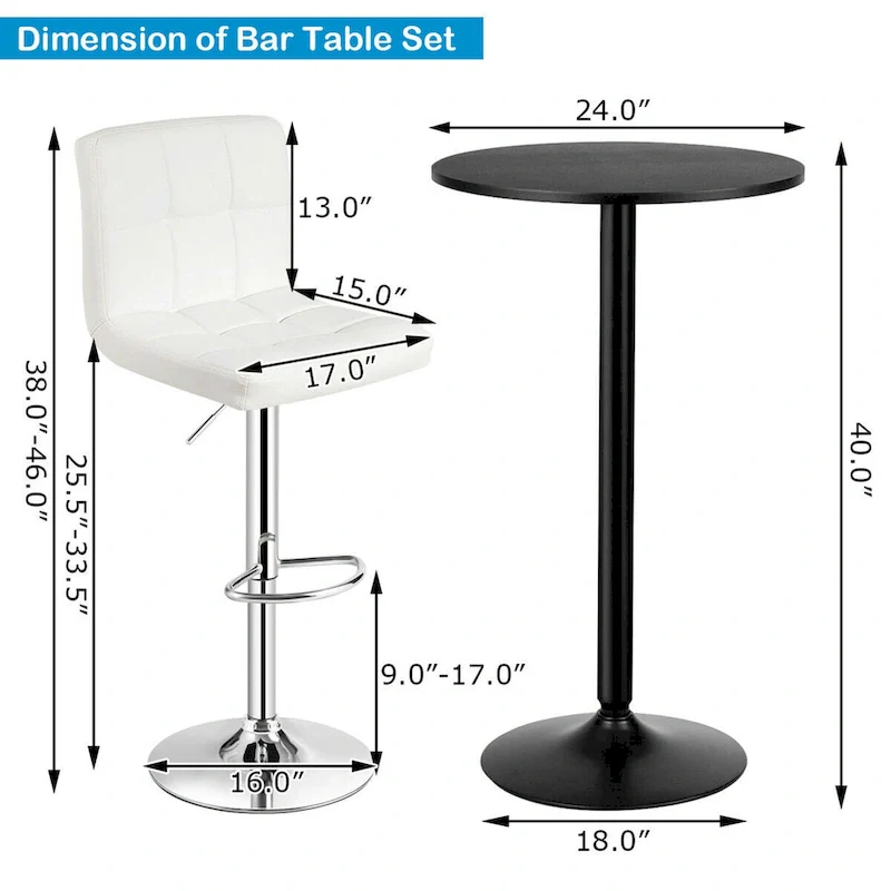 Gymax 3PCS Pub Table Set 24 Round Bar Table & 2 Adjustable Bar