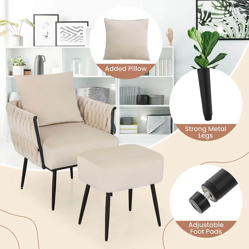 Gymax Modern Dutch Velvet Accent Chair & Ottoman Set Single Leisure