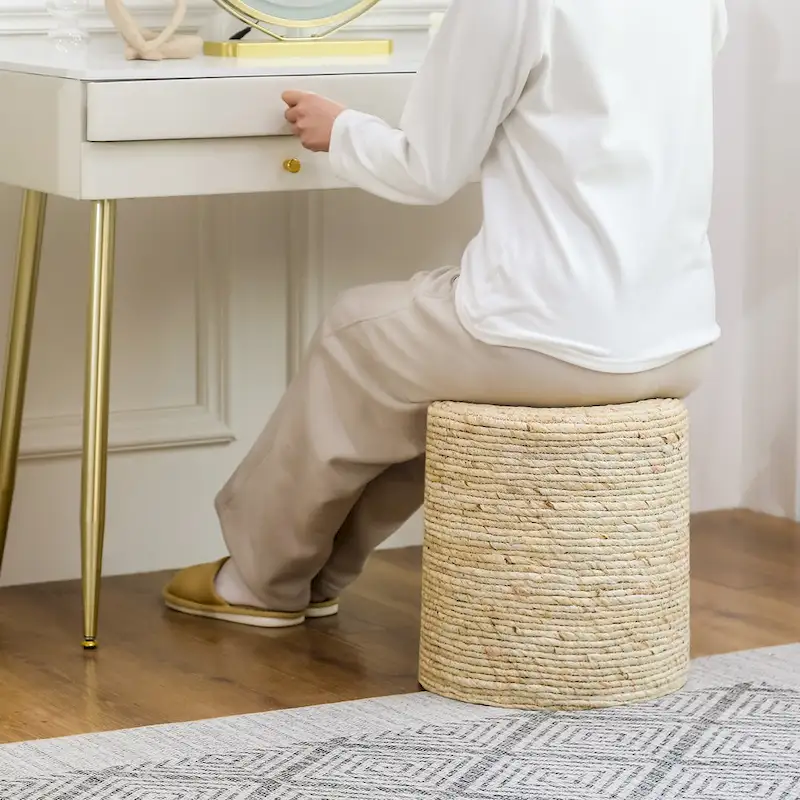 Adeco Round Ottoman Natural Cattail Hand Weave Foot Stool