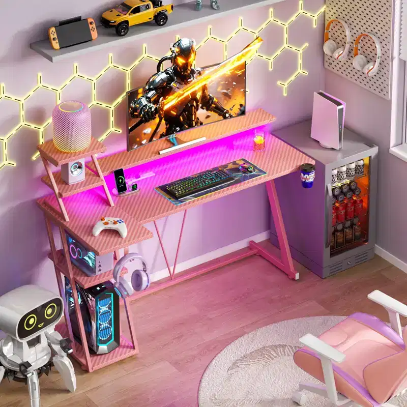 Carbon Fiber Pink L-Shaped Gaming Desk with Monitor Stand — 1 Person