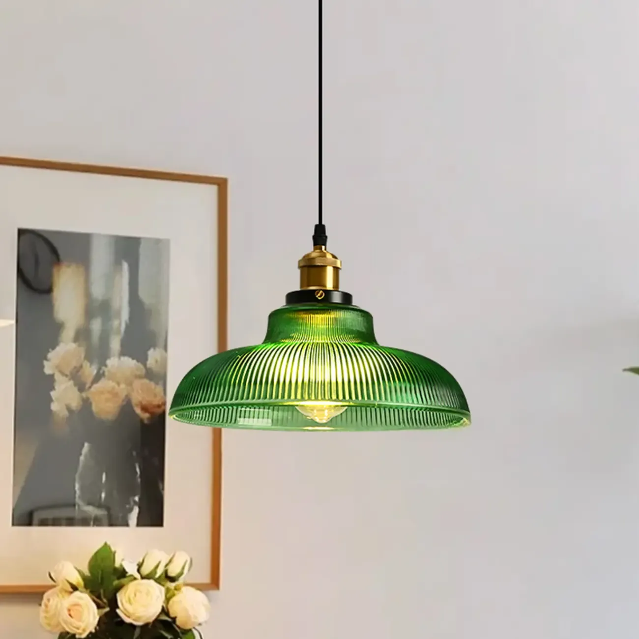 Green Fluted Glass Brass Dome Pendant Light