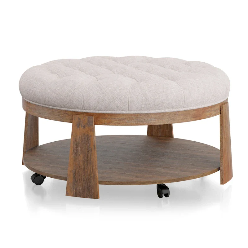 Geoffrey Transitional Round Natural Wood Open-Shelf Tufted Ottoman with Wheels by Furniture of America