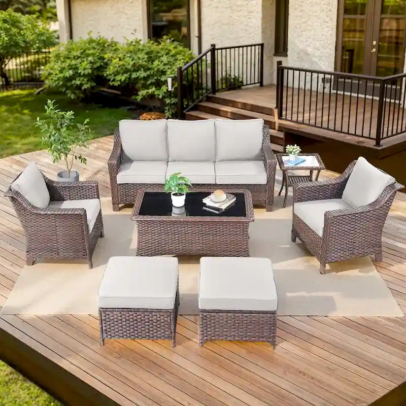 7 Pieces Outdoor Sofa Dining Table & Chair with Ottoman - Brown