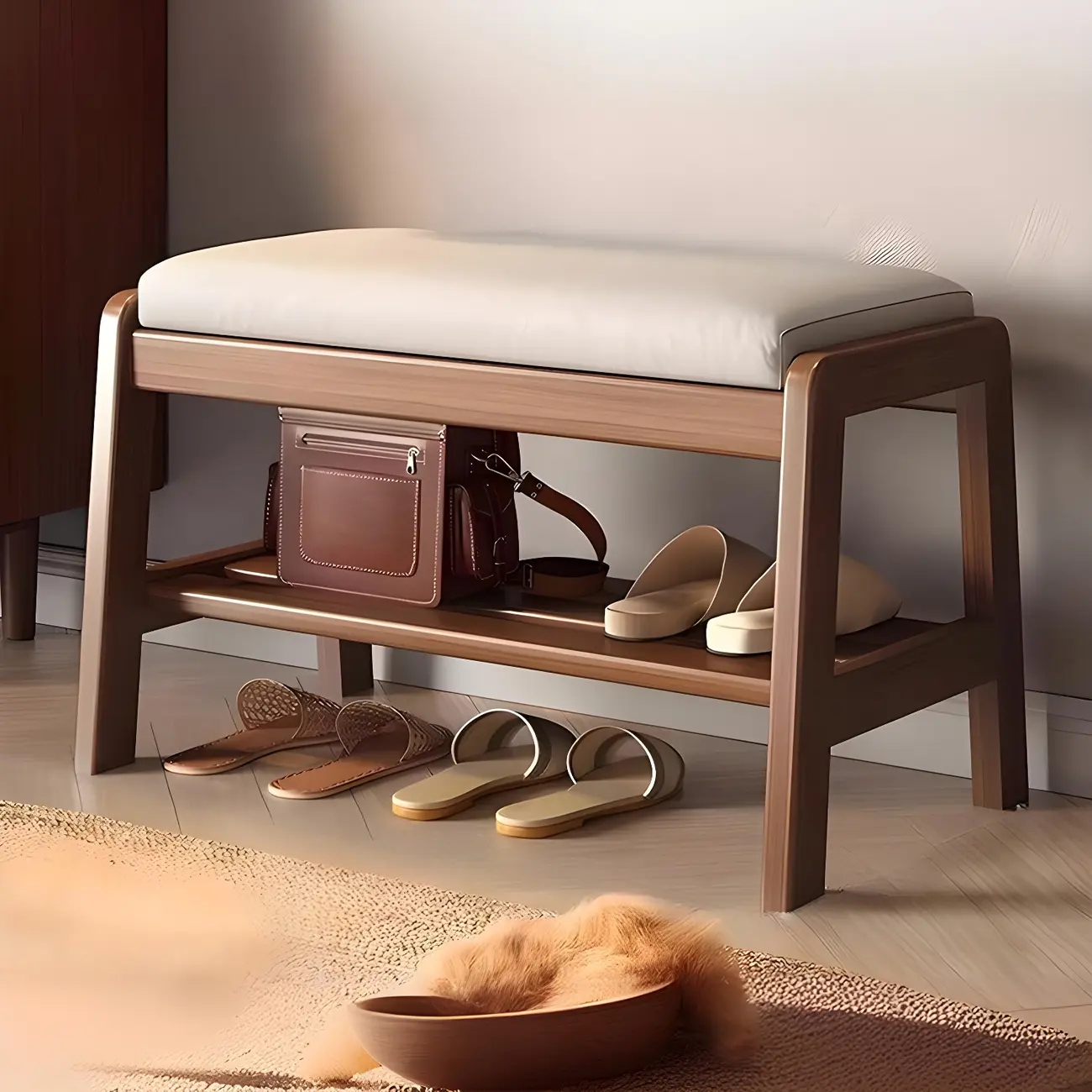 Entryway Solid Wood Cushioned Trapezoid Shoe Bench