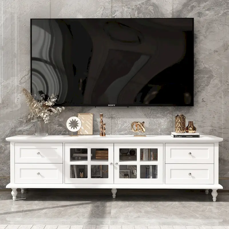 Modern White TV Stand w/Glass Doors and Drawers Entertainment Console - 70.9