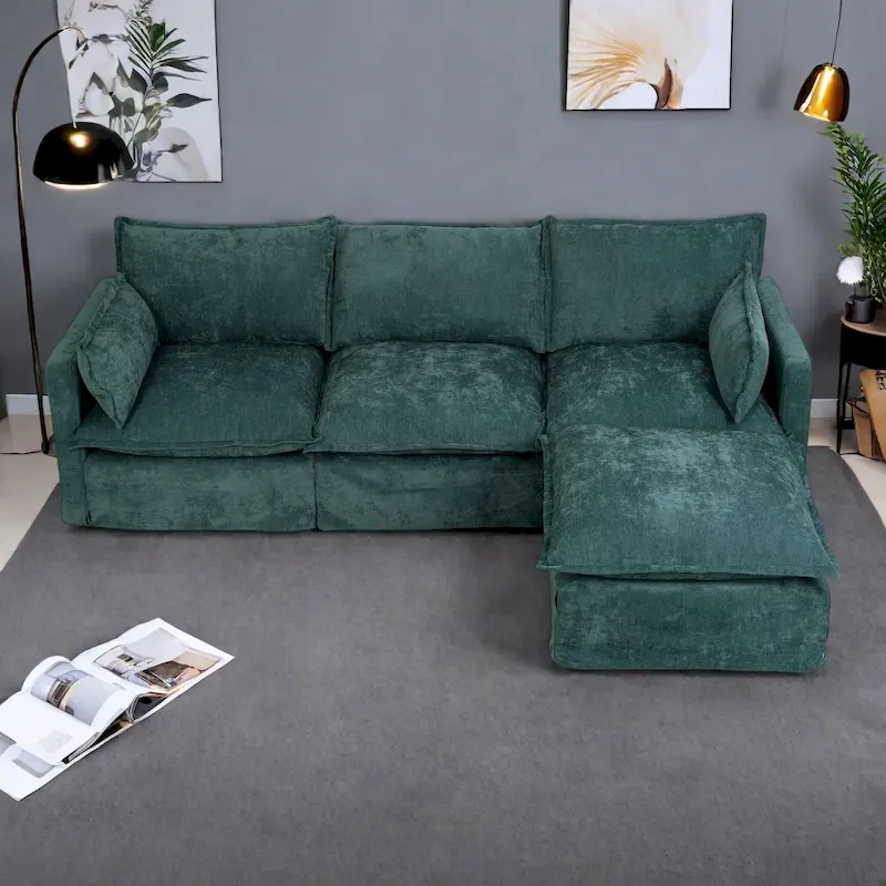 93.31 Faux Linen Modular Sectional Sofa with Movable Ottoman, Solid Wood Frame, and High-Resilience Foam Cushions
