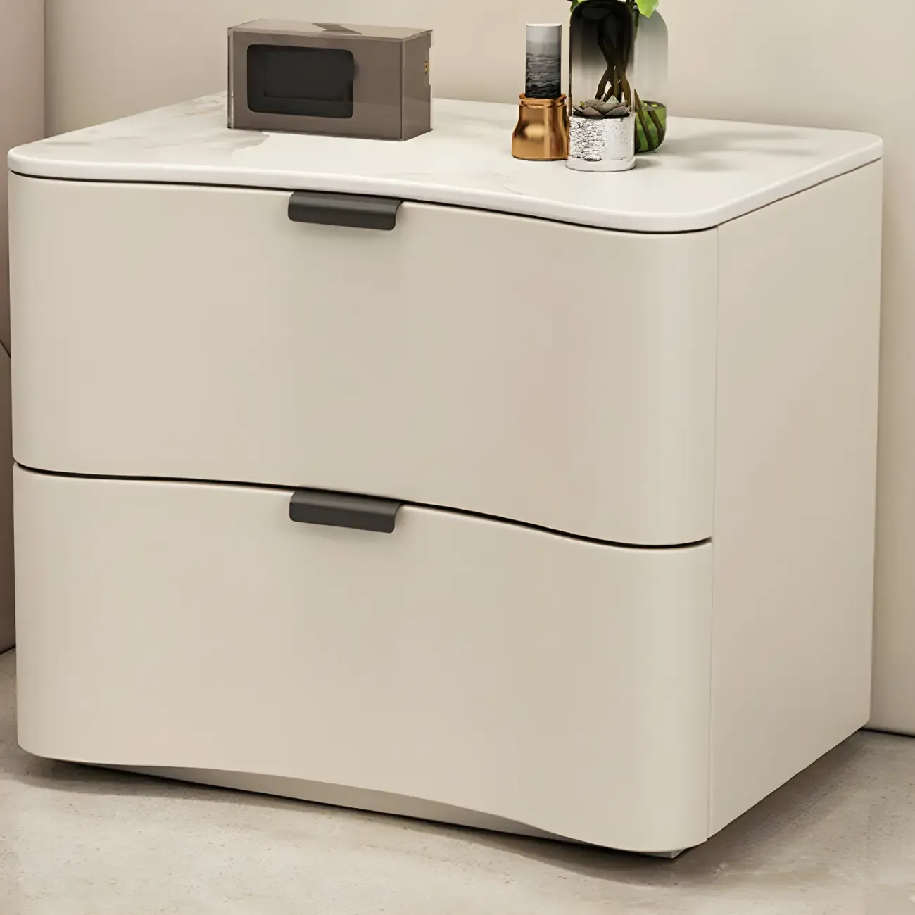 Modern Waved Stone Top Leather 2-Drawer Nightstand