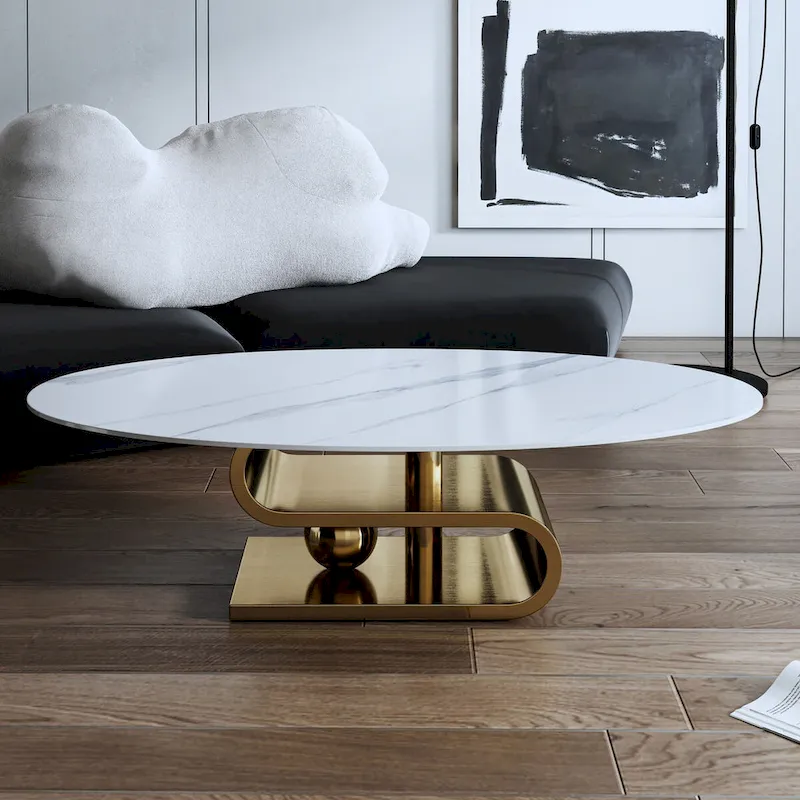 Exquisite Modern Oval Coffee table with white 51L Stone Top and Gold Metal Base