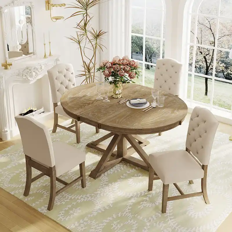5 Pcs Wooden Round Dining Table Set, Kitchen Dining Table Chair Set with Extendable Table and 4 Upholstered Chairs