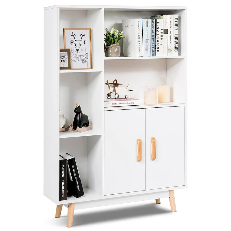 Floor-Standing Storage Cabinet — Freestanding Wooden Display Bookshelf