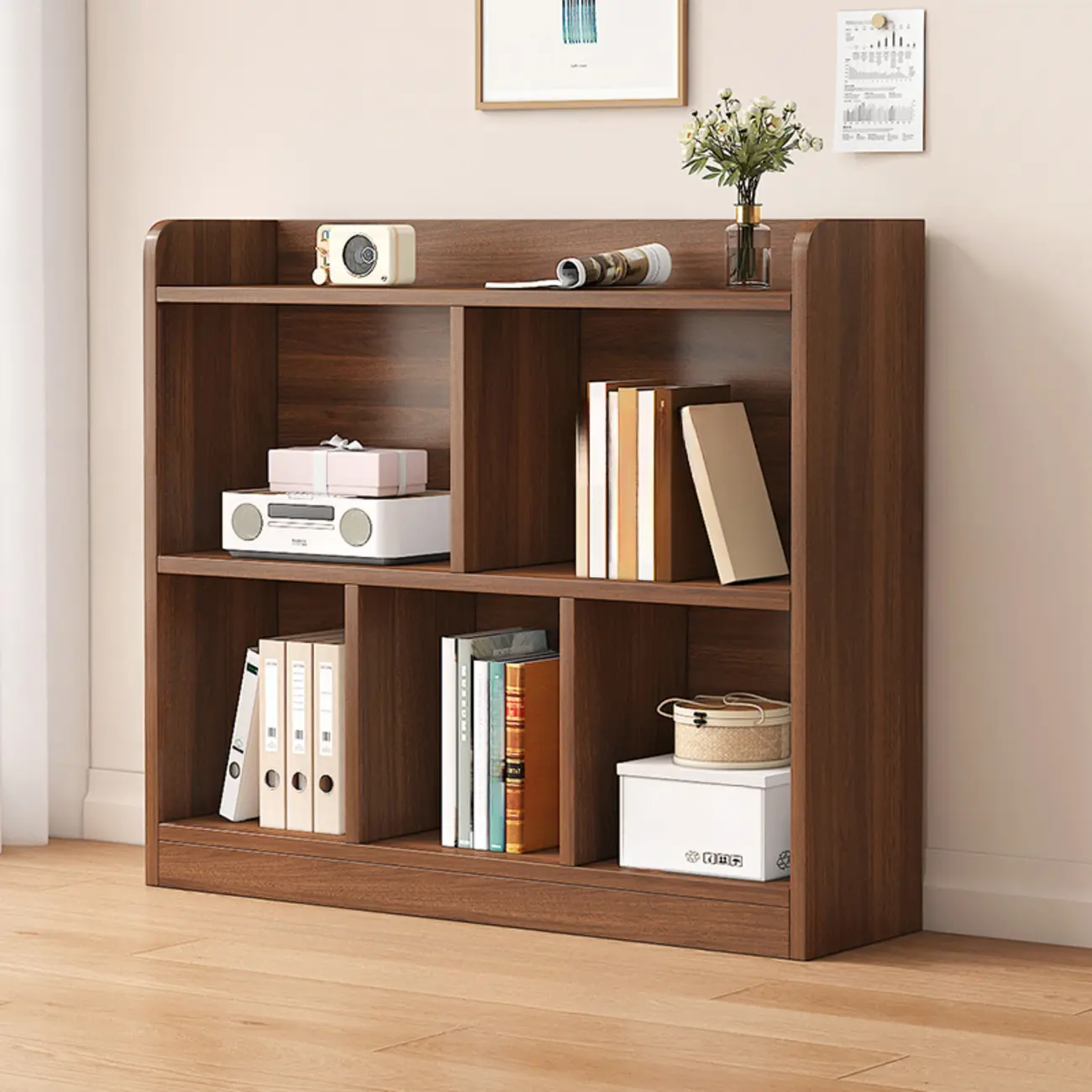 Modern Wide 3-Tier Wood Brown Horizontal Bookcase