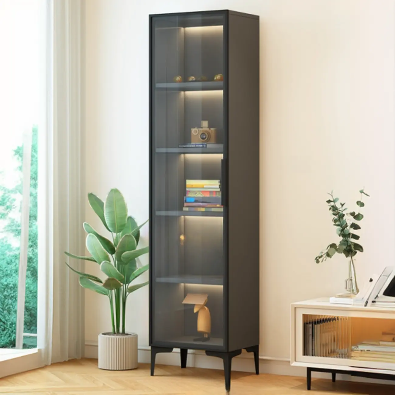 Modern Black Wood Clear Glass Lighting Display Cabinet