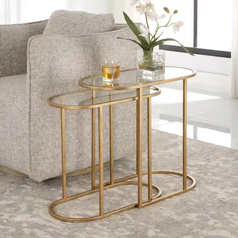 Antique Brushed Brass Nesting Tables, Set of 2 - 24W x 22H x 12.5D