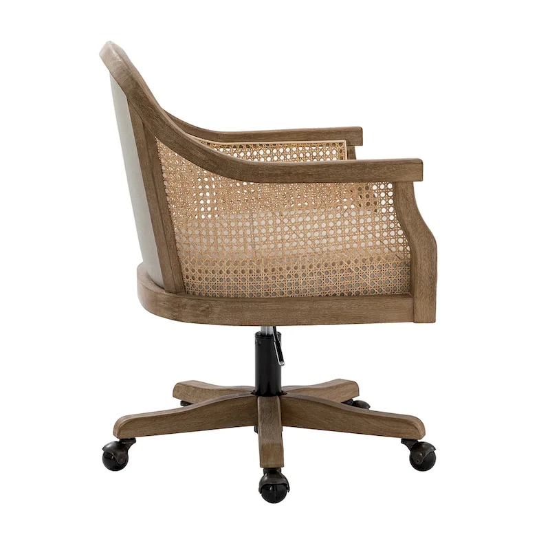 Farmhouse-Style Rattan Office Chair — 360° Swivel, Adjustable Height, Rubberwood Construction