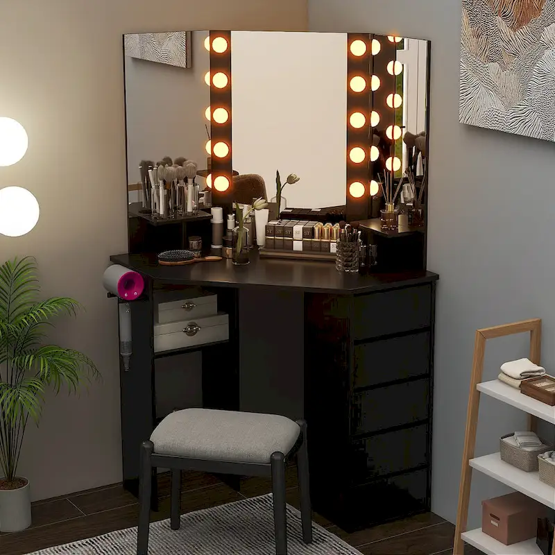 Corner Vanity Desk with LED Mirror and Storage Drawers
