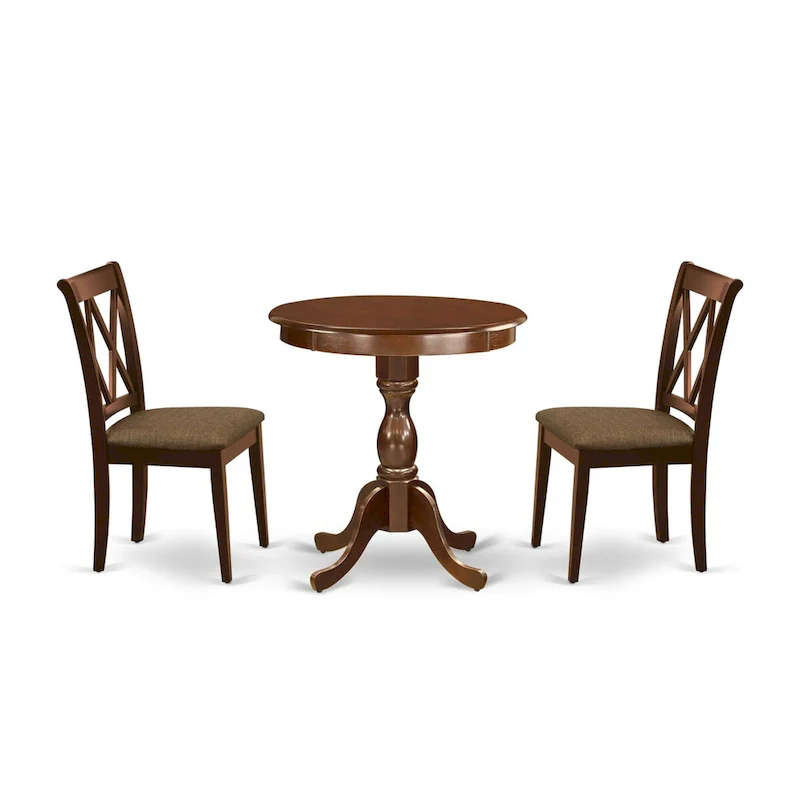 3 Piece Dining Table Set- a Round Kitchen Table with Pedestal and 2 Dining Chairs, Mahogany(Seat Options)